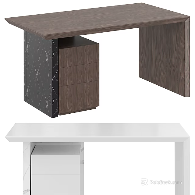 Modern Dark Wood And White Office Desk With Drawer Storage And Marble Accent 3d model 