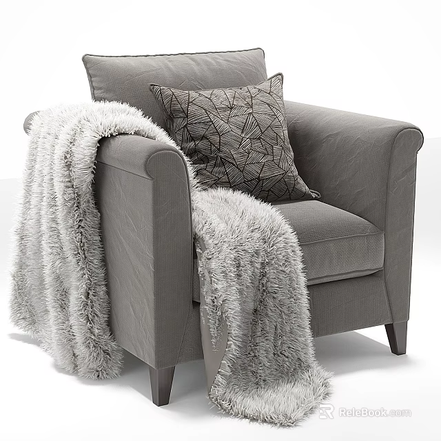 Gray Two Seater Sofa With Geometric Pattern Pillow And Fluffy Blanket On Armrest 3d model