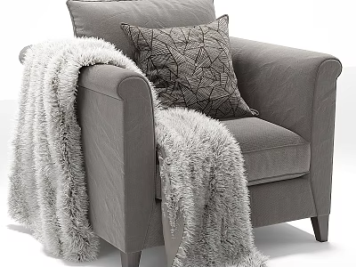 Gray Two Seater Sofa With Geometric Pattern Pillow And Fluffy Blanket On Armrest 3d model