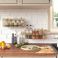 Modern Metal Wall Mounted Storage Baskets for Organizing Spices in Kitchen with White Tiles