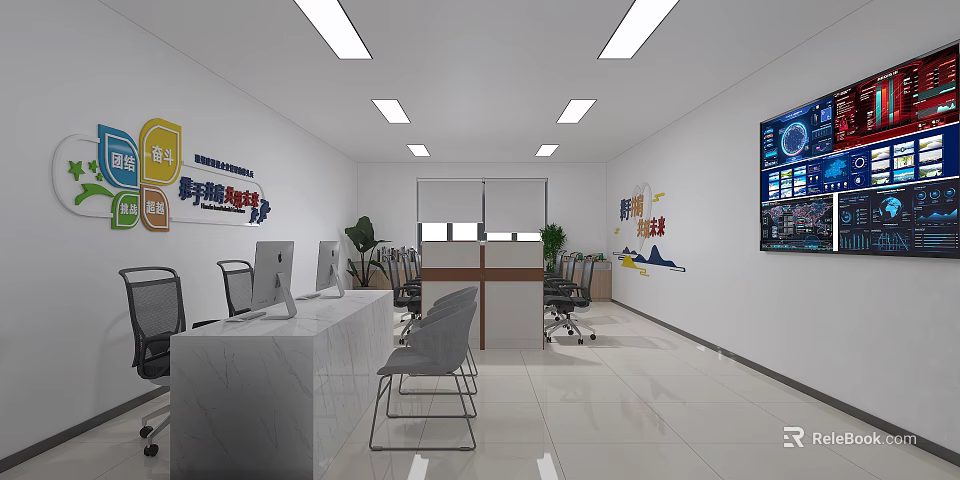 Modern Office Interior With Marble Reception Desk Office Desks Potted Plants And Motivational Wall Art 3d model 