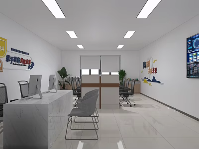 Modern Office Interior With Marble Reception Desk Office Desks Potted Plants And Motivational Wall Art 3d model