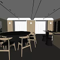 Private Dining Room Featuring Circular Black Table Wooden Chairs Large Windows And Wall Cabinets