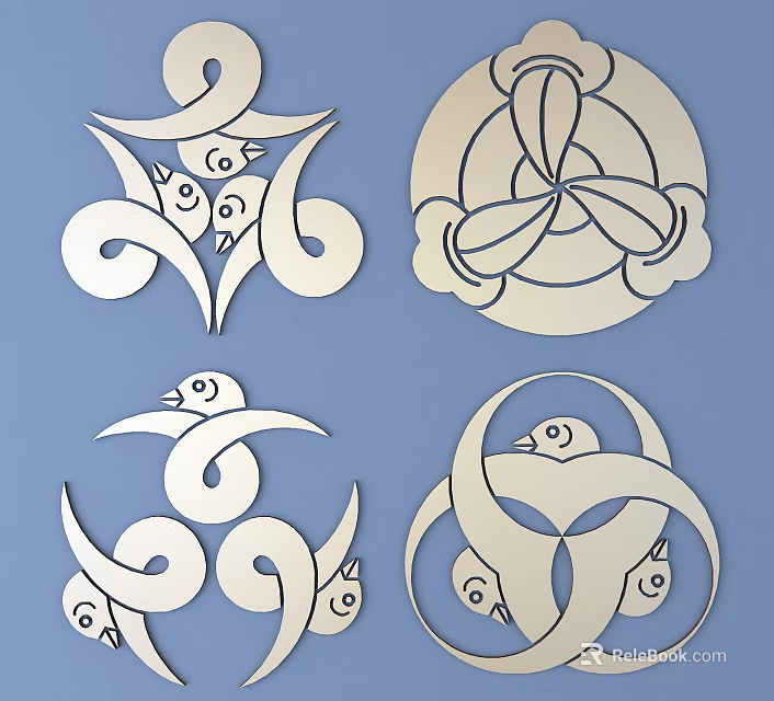 Traditional Decorative Carvings With Intricate Swirls And Bird Motifs On Blue Background 3d model 
