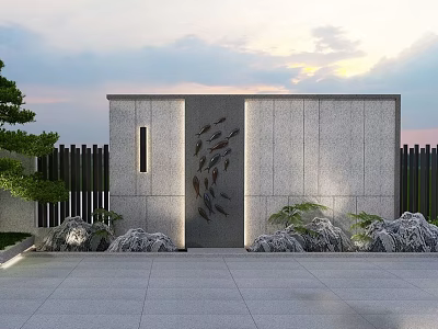 Modern Grey Landscape Wall With Fish Pattern Decoration Stones And Green Plants 3d model