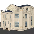 European Style Two Story Detached Villa With Cream Exterior Blue Roof And Balcony