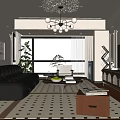 Classic Living and Dining Room Interior With Leather Sofa Coffee Table And Chandelier