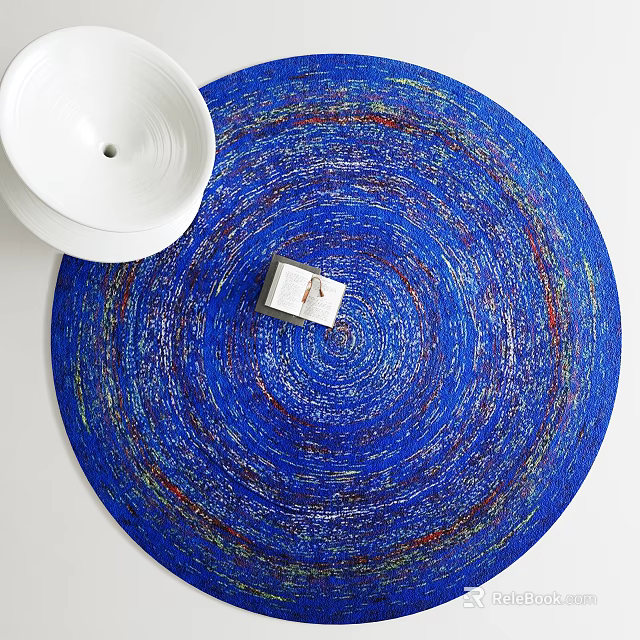 Vibrant Blue Round Area Rug Featuring Spiral Pattern And White Bowl Small Box 3d model 