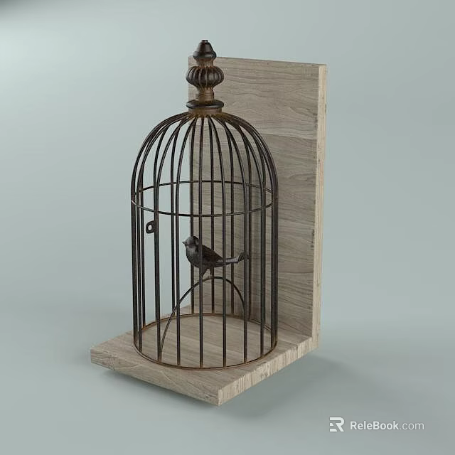 Vintage Metal Birdcage Decorative Ornament Set With Small Bird On Wooden Base 3d model 