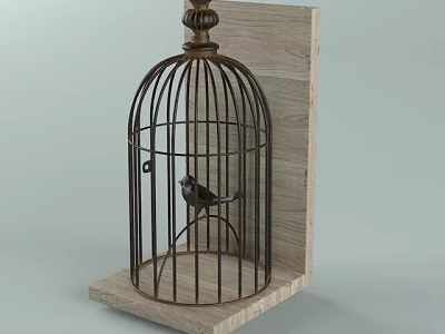 Vintage Metal Birdcage Decorative Ornament Set With Small Bird On Wooden Base 3d model
