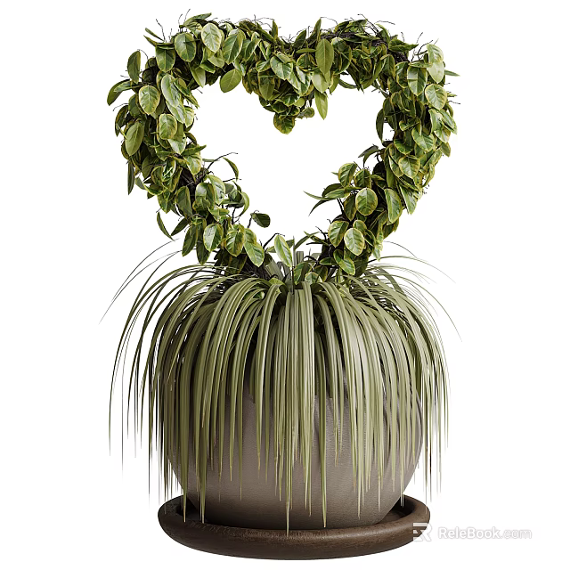 Heart Shaped Green Foliage Bonsai Plant With Long Slender Leaves In Gray Container 3d model 