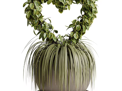 Heart Shaped Green Foliage Bonsai Plant With Long Slender Leaves In Gray Container 3d model