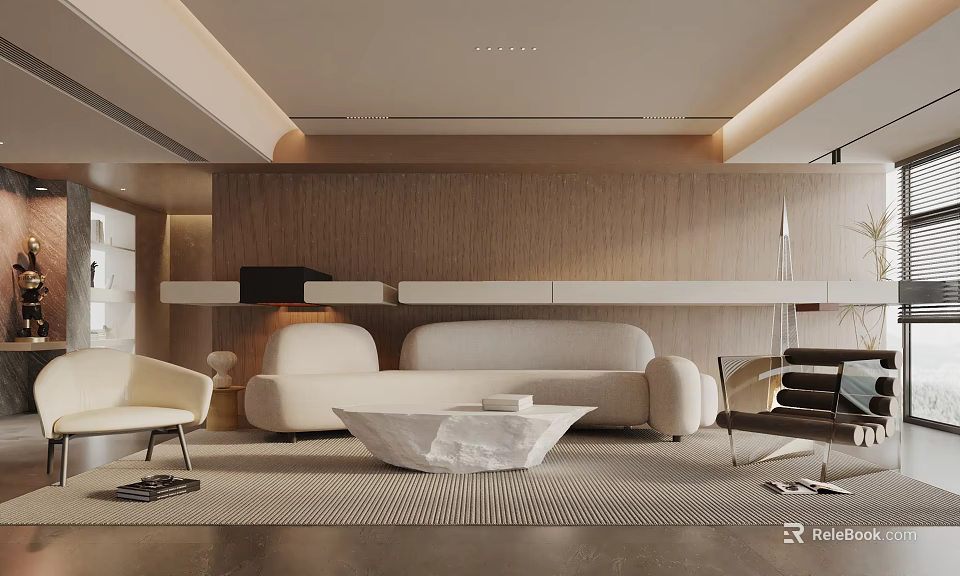 Modern Living Room Interior Design With Beige Sofa White Coffee Table And Wooden Wall 3d model 