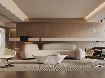 Modern Living Room Interior Design With Beige Sofa White Coffee Table And Wooden Wall 3d model