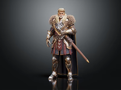 Medieval Armored King With Golden Crown Fur Cloak Holding Sword Standing Against Dark Background 3d model