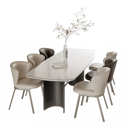 Modern Table and Chairs Set with Marble Tabletop Grey Black Chairs and Vase Decoration 3d model