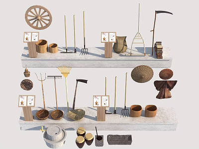 Vintage Garden Decorative Items With Wheel Rake Hoe Straw Hat And Wooden Baskets 3d model