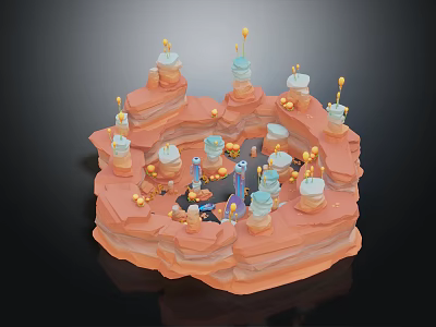 Cartoon Scene With Orange Rocky Terrain White Towers Yellow Tops Blue Characters And Golden Particles 3d model