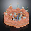 Cartoon Scene With Orange Rocky Terrain White Towers Yellow Tops Blue Characters And Golden Particles