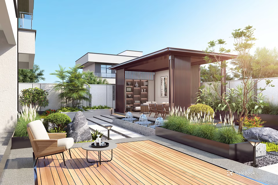 Modern Courtyard Garden With Wooden Deck Pavilion Steps Tables Chairs And Green Plants 3d model 