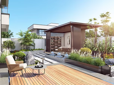 Modern Courtyard Garden With Wooden Deck Pavilion Steps Tables Chairs And Green Plants 3d model
