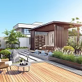 Modern Courtyard Garden With Wooden Deck Pavilion Steps Tables Chairs And Green Plants