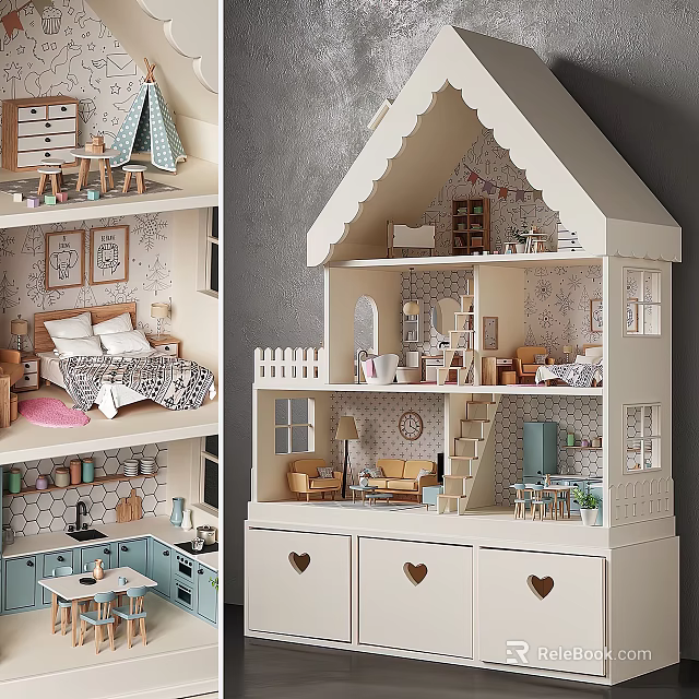 Wooden Dollhouse Style Console Table And Side Cabinet With Heart Drawers And Decorative Storage 3d model 