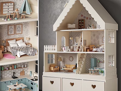 Wooden Dollhouse Style Console Table And Side Cabinet With Heart Drawers And Decorative Storage 3d model