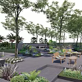 Outdoor Landscape Seats Surrounded by Trees and Green Plants in Garden Area with Tables