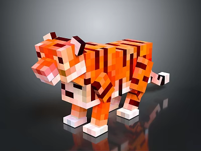 Pixel Art Tiger With Orange Black Stripes And 3D Shiny Surface 3d model