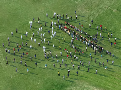 Aerial View of Many People Gathered Together Outdoor on Green Grass Field 3d model