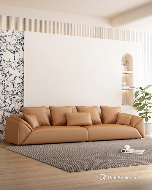 Brown Leather Two Seater Sofa With Pillows And Marble Wall Plant 3d model 