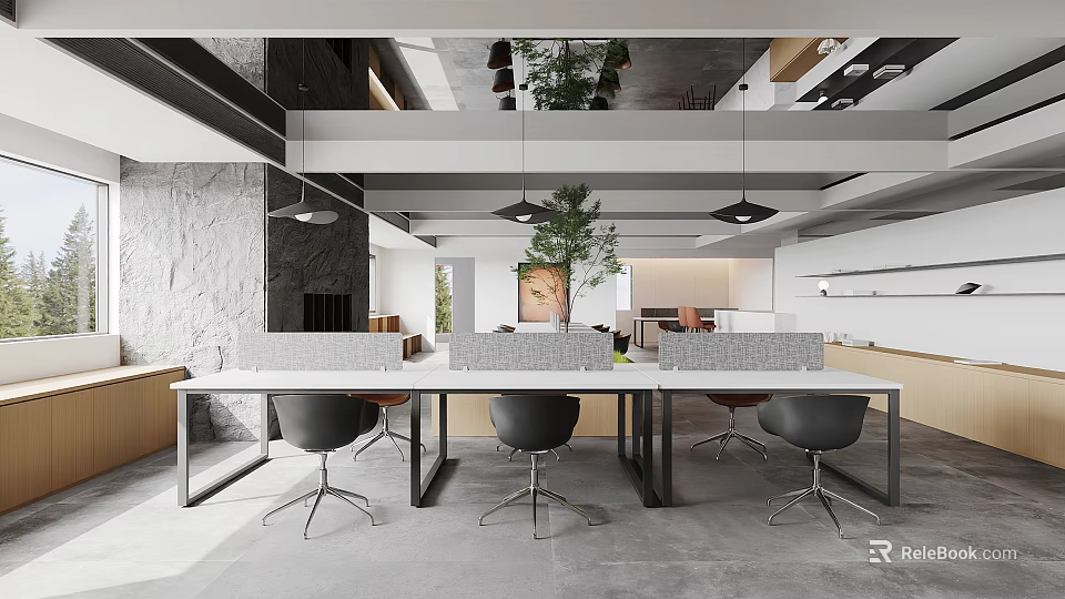Modern Office Interior Design With Open Layout Desks Ergonomic Chairs And Hanging Lights 3d model 