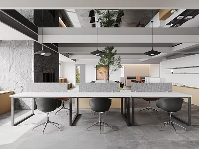 Modern Office Interior Design With Open Layout Desks Ergonomic Chairs And Hanging Lights 3d model