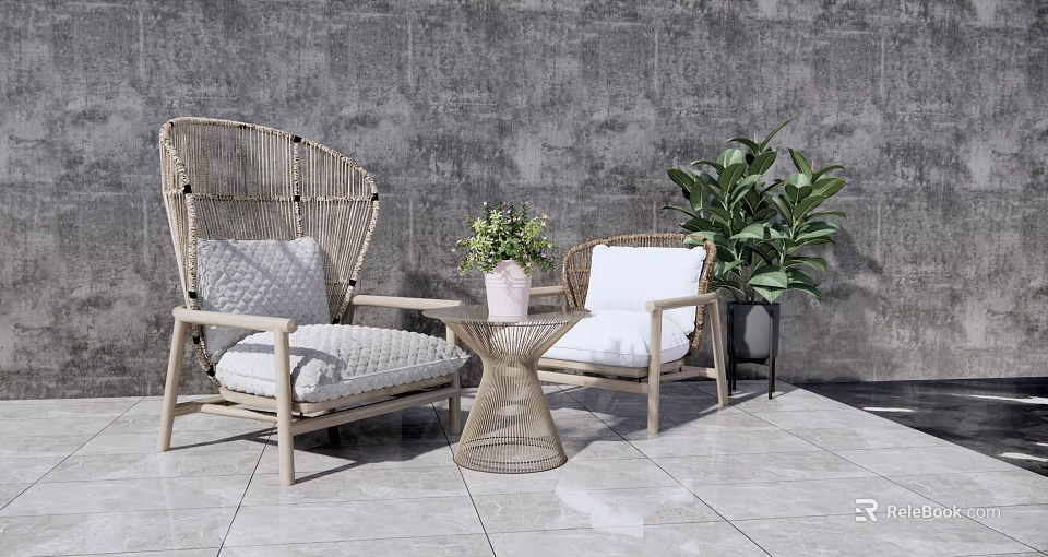 Rattan Chair And Table Set With Wooden Frame White Cushions Green Plants Against Gray Wall 3d model 