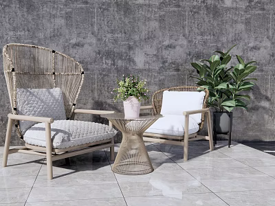 Rattan Chair And Table Set With Wooden Frame White Cushions Green Plants Against Gray Wall 3d model