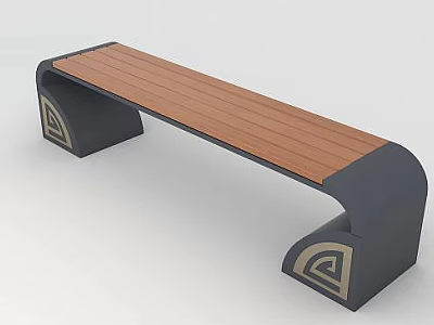 Tech Exhibition Hall Modern Bench With Wooden Panel Top Black Metal Frame And Geometric Patterns 3d model