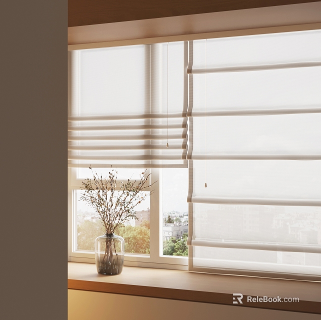White Window Blinds With Vase On Windowsill And Outdoor View 3d model 