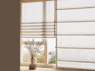 White Window Blinds With Vase On Windowsill And Outdoor View 3d model