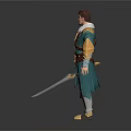Male Fantasy Adventurer Character In Green Gold Cloak Outfit Holding Sword With Detailed Gear