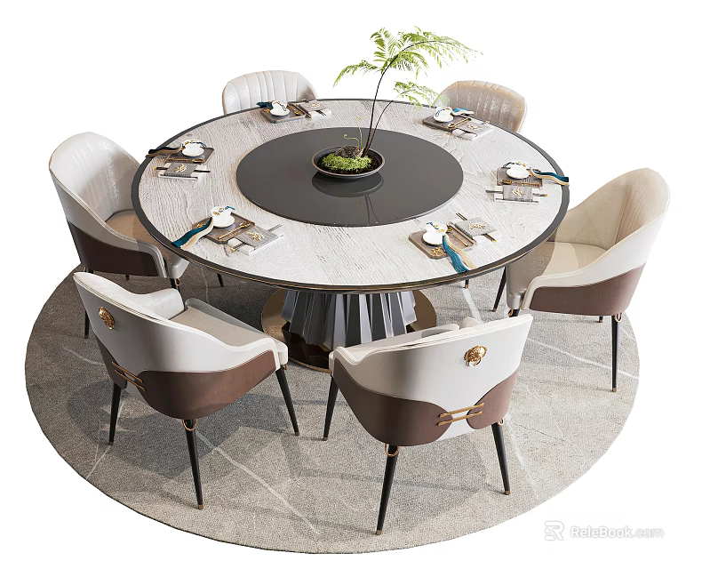 Modern Round Dining Table Set With Six Chairs Central Potted Plant And Tableware 3d model