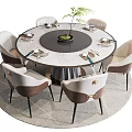 Modern Round Dining Table Set With Six Chairs Central Potted Plant And Tableware 3d model