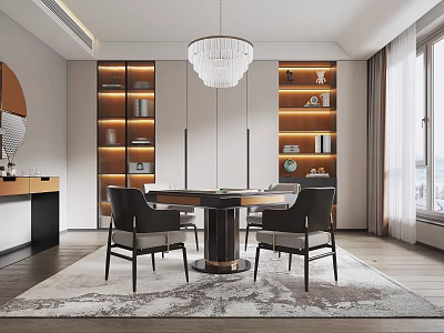Modern Entertainment Room Interior with Chandelier Lit Shelves Round Table Chairs and Rug 3d model