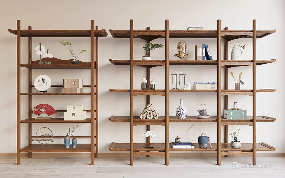 Traditional Wooden Display Shelves with Vases Teaware Books and Decorative Ornaments 3d model 