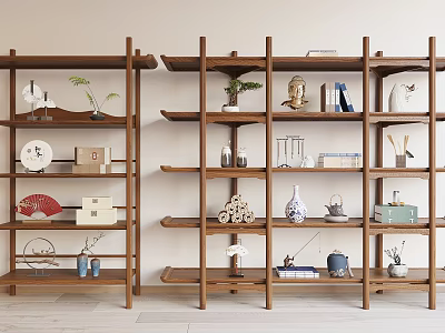 Traditional Wooden Display Shelves with Vases Teaware Books and Decorative Ornaments 3d model
