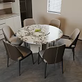 Round Marble Top Dining Table Set with Six Modern Chairs in Kitchen Setting 3d model