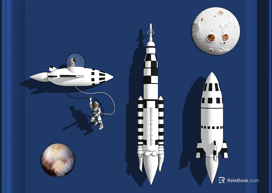 Vibrant Space Themed Wall Decor Featuring Astronaut Spaceship Rockets and Planets Elements 3d model 