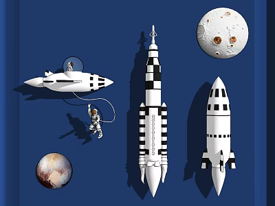 Vibrant Space Themed Wall Decor Featuring Astronaut Spaceship Rockets and Planets Elements 3d model