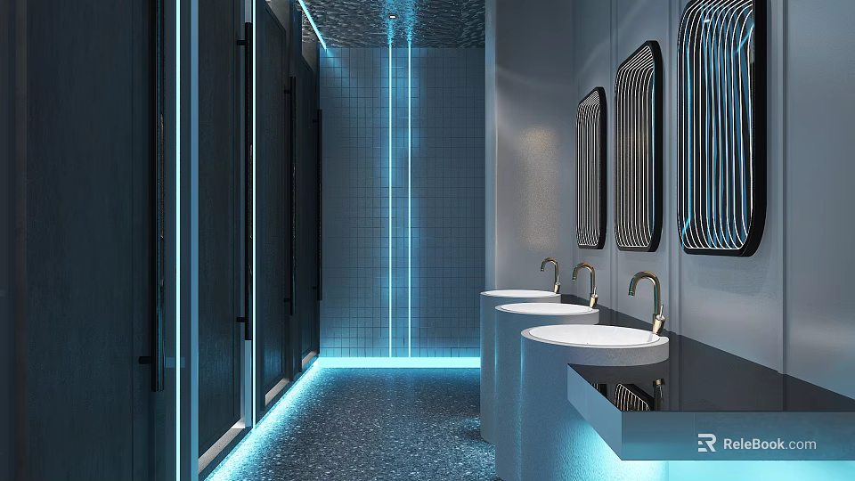 Modern Public Restroom Interior With Open Layout Blue Lighting Multiple Stalls Washbasins And Mirrors 3d model 