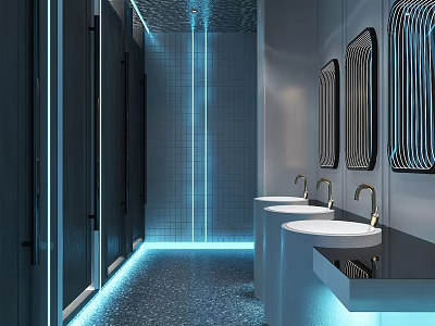 Modern Public Restroom Interior With Open Layout Blue Lighting Multiple Stalls Washbasins And Mirrors 3d model